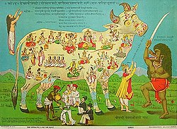 A pamphlet protesting cow slaughter, first created in 1893. A meat eater (mansahari) is shown as a demon with sword, with a man telling him "don't kill, cow is life-source for all". It was interpreted by Muslims in British Raj to be representing them.[40] Redrawn the Raja Ravi Varma (c. 1897).