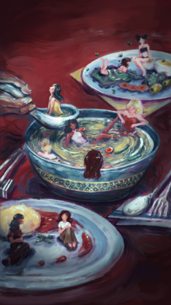 On a dark red table, small women bathe in soup and sit on plates in various clothes, while someone reaches to pick a woman out of the soup.