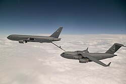 An Air Force KC-46 Pegasus refueling a C-17A Globemaster III