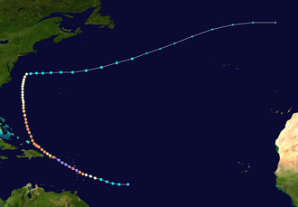 Map plotting the storm's track and intensity, according to the Saffir–Simpson scale
