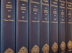 Seven of the twenty volumes of the Oxford English Dictionary (second edition, 1989)