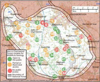 Map showing sites in Charnwood Forest notable for wildlife and geology