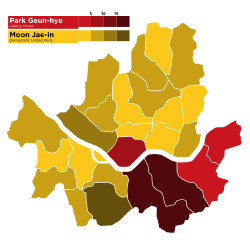 District-level results for the 2012 Presidential election between Park Geun-hye (Liberty Korea Party; in red) and Moon Jae-in (Democratic United Party).