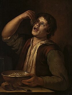 Jan Vermeer van Utrecht's painting of a man eating unspecified noodles (National Museum, Warsaw)