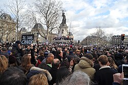 Demonstrators at the Place de la République, Paris, 11 January 2015, during the Republican marches after the Charlie Hebdo shooting
