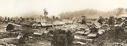 Part of a panoramic view of Kuala Lumpur c. 1884. To the left is the Padang. The buildings were mostly constructed of wood and atap before regulations enacted by Swettenham in 1884 required buildings to use bricks and tiles. The appearance of Kuala Lumpur transformed rapidly in the following years due to the building regulations.