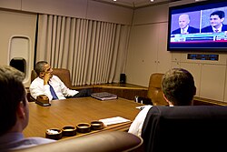 Obama watching Biden debate Paul Ryan in the vice-presidential debate on Air Force One