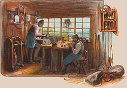 Clockmaker's workshop in a sitting room (postcard from around 1900)
