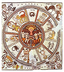 A sixth-century mosaic zodiac wheel in synagogue Beth Alpha incorporating Greek-Byzantine elements, Israel