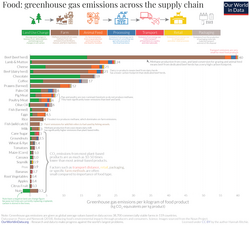 Life-cycle assessment of GHG emissions for foods. Beef is the food with the largest carbon footprint, mainly due to methane production from cows.