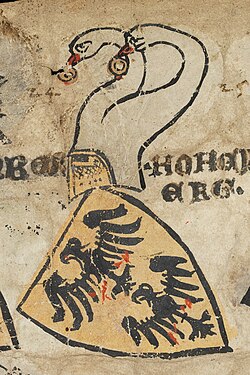 Or two eagles sable armed gules for Homberg (Zürich armorial, c. 1340). At this time, the black-on-gold eagle could still be used for a family of the lower nobility without association to the imperial eagle.[a]