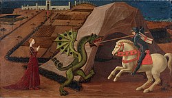 Saint George seen in the act of slaying the dragon. He is depicted wearing a jupon displaying St George's Cross. Paolo Uccello (c. 1460)