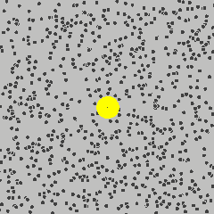 Simulation of the Brownian motion of a large particle, analogous to a dust particle, that collides with a large set of smaller particles, analogous to molecules of a gas, which move with different velocities in different random directions