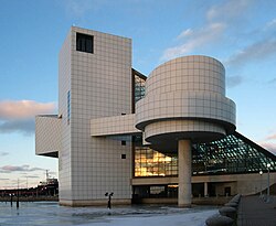 The Rock and Roll Hall of Fame, showing Lake Erie in the foreground