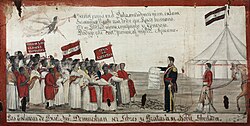 Painting depicting a group of men and women bearing banners approaching a man in military uniform who holds a scroll, with a tent and flag in the background