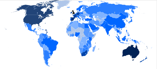 Estimated number of British citizens living overseas by country in 2006: Greater than or equal to 1,000,000 500,000 - 999,999 100,000 - 499,999 50,000 - 99,999 10,000 - 49,999 5,000 - 9,999 1,000 - 4,999 100 - 999 Less than 100 or no data UK