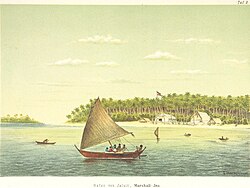 German trading station at Jaluit Atoll with a Marshallese korkor outrigger canoe in the foreground