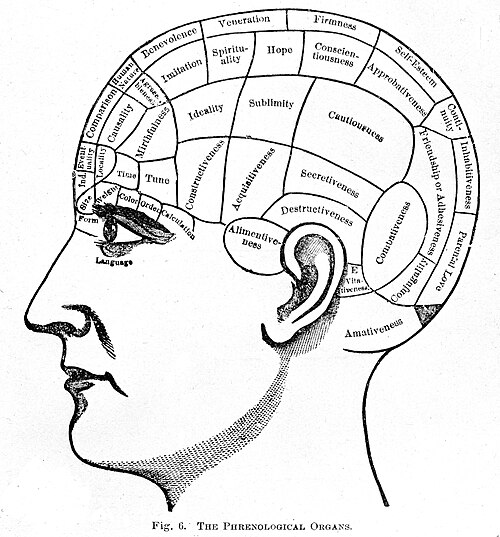 A typical 19th-century phrenology chart: during the 1820s, phrenologists claimed the mind was located in areas of the brain, and were attacked for doubting that mind came from the nonmaterial soul. Their idea of reading "bumps" in the skull to predict personality traits was later discredited.[1][2] Phrenology was first termed a pseudoscience in 1843 and continues to be considered so.[3]