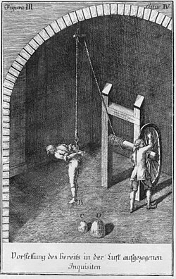 In the strappado torture, the victim's hands are tied behind their back and the body is suspended by the wrists, resulting in dislocated shoulders. Weights can be added to the feet (engraving, 1768)