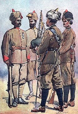 "Frontier Force". Left to right: 59th Scinde Rifles, Piper of 51st Sikhs and 56th Punjabi Rifles. Watercolour by Major AC Lovett, 1910.