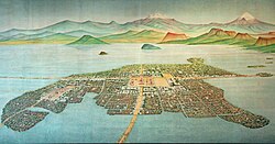 An artistic depiction of Mexico-Tenochtitlan, the Aztec capital and largest city in the Americas at the time. The city was completely destroyed in the 1521 siege of Tenochtitlan and rebuilt as Mexico City
