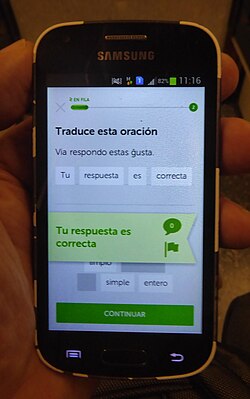 An Esperanto lesson on Duolingo in 2017 being taught to a Spanish speaker