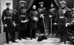 Kitchener and his personal staff in India. From left to right: Lieutenant G. G. E. Wylly; Captain N. J. C. Livingstone-Learmonth; Capt. O. A. G. Fitzgerald; Colonel W. R. Birdwood; Captain W. F. Basset; Lord Kitchener.