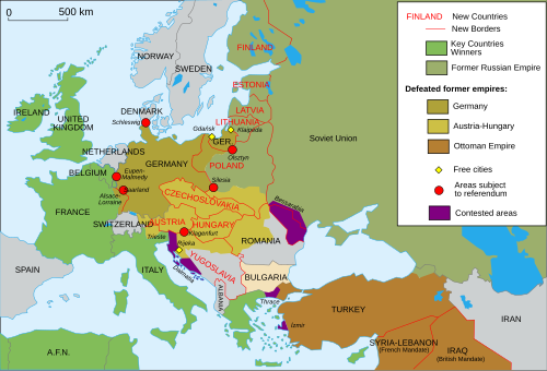 A map with the post-war borders in red over the pre-war map of Europe. Note: this map does not show the Irish Free State.