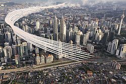 The British Red Arrows flying over the city in 2016