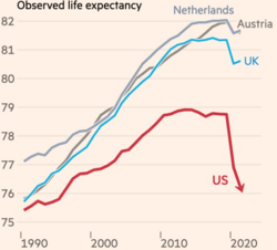 Life expectancy from 1990 to 2021 in the US, UK, Netherlands, and Austria, showing a fall in US life expectancy around 2019