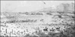 A black and white sketch of Fort Mohave in the late 19th century