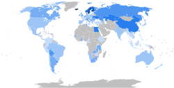 World map with countries shaded according to their trade union density rate with statistics provided by the International Labour Organization Department of Statistics: 90.0–99.9% 80.0–89.9% 70.0–79.9% 60.0–69.9% 50.0–59.9% 40.0–49.9% 30.0–39.9% 20.0–29.9% 10.0–19.9% 0.0–9.9% No data