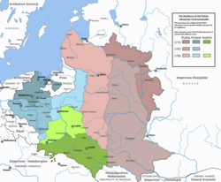 The three partitions of Poland (the Polish–Lithuanian Commonwealth). The Russian Partition (red), the Austrian Partition (green), and the Prussian Partition (blue).