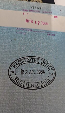 South Georgia passport entry stamp, issued at the Post Office in Grytviken 1984