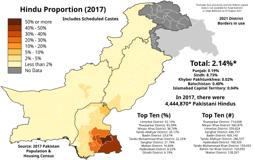 Hindu proportion of each Pakistani District in 2017 according to the Pakistan Bureau of Statistics