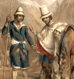 Social status is often associated with clothing and possessions. Compare the foreman with a horse and high hat with the inquilino in picture. Image from 19th century rural Chile.