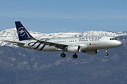 An Airbus A320-200 in the SkyTeam livery landing at Geneva Airport