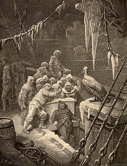 Engraving by Gustave Doré for an 1876 edition of the poem. The Albatross depicts 17 sailors on the deck of a wooden ship facing an albatross. Icicles hang from the rigging.