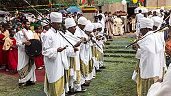 Orthodox priests dancing during the celebration of Timkat