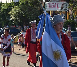 Argentines during the opening parade of the XXXIV Immigrant's Festival in Oberá, Misiones.