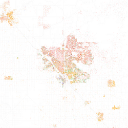 Map of racial distribution in Fresno, 2010 U.S. Census. Each dot is 25 people: ⬤ White ⬤ Black ⬤ Asian ⬤ Hispanic ⬤ Other