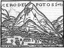 Potosi produced massive amounts of silver from a single site in upper Peru. The first image published in Europe. Pedro Cieza de León, 1553.