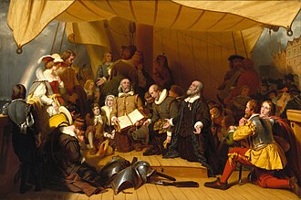 English Dissenters praying in "Embarkation of the Pilgrims", by Robert Walter Weir (1857).