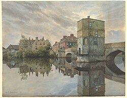 St Ives Bridge painted by William Fraser Garden in 1895 when the additional storeys were on the chapel building