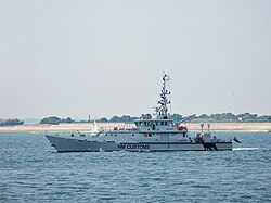 HMC Vigilant, one of several customs cutters of the UK Border Force, and capable of speeds up to 26 knots, departing Portsmouth Naval Base