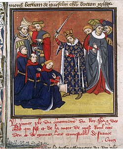 King John II of France in a ceremony of "adoubement", early 15th century miniature
