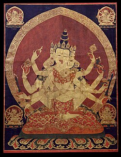 A 17th-century Tibetan thangka of Guhyasamaja Akshobhyavajra; the Ming court gathered various tribute items that were native products of Tibet (such as thangkas),[26] and in return granted gifts to Tibetan tribute-bearers.[27]