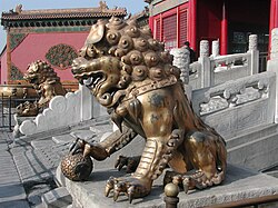A Qing-era guardian lion pair within the Forbidden City, China
