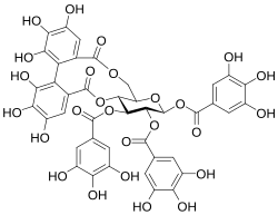 An example of a synthetically achieved small ellagitannin, tellimagrandin II, derived biosynthetically and sometimes synthetically by oxidative joining of two of the galloyl moieties of 1,2,3,4,6-pentagalloyl-glucose