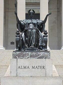 Alma Mater by Daniel Chester French, Columbia University. The alma mater, meaning "nourishing mother" in Latin, is one of the most enduring symbols of the university. The phrase was first used[citation needed] to describe the University of Bologna, Italy, founded in 1088.